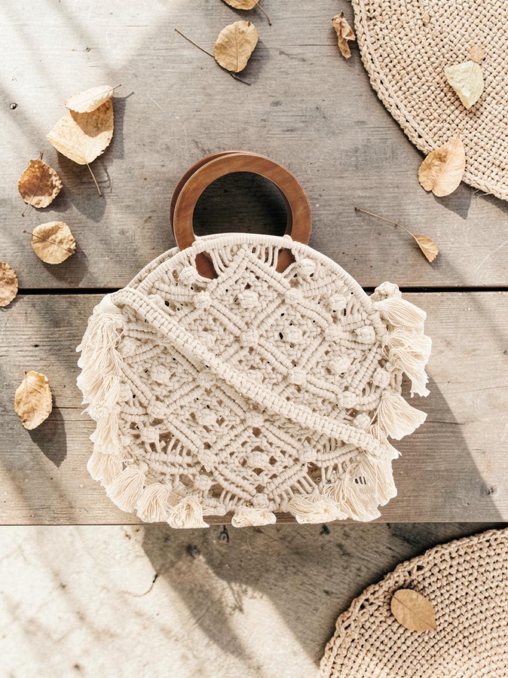 NEW Magid Bohemian Macrame Circle Bag with Wooden Handles & Shoulder Strap NWT
